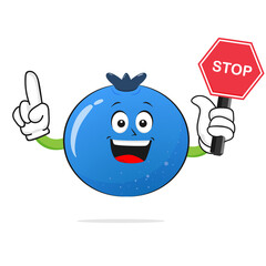 The Blueberries character smiles carrying a stop sign on a white background -vector