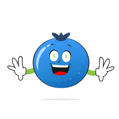 Blueberries character is surprised to see money on a white background - vector