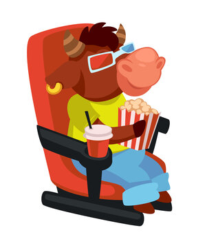 Bull eating popcorn watching movies in cinema vector