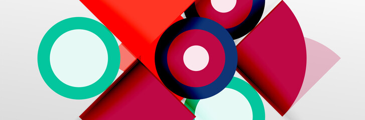 Bright color circles, abstract round shapes and triangles composition with shadow effects. Vector modern geometric design template