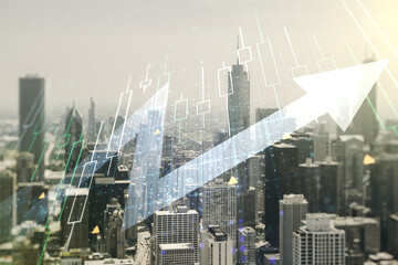 Multi exposure of abstract financial diagram and upward arrow on Chicago office buildings background, rise and breakthrough concept