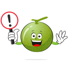 Melon character smiles with a warning sign on a white background -vector