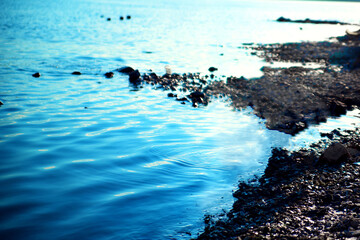 Polluted lake shore. A reservoir polluted by the Norilsk Nickel company. The concept of pollution of reservoirs, environment, ecological disaster. Blurred image, selective focus. No focus.