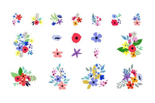 Collection of vector flowers on white background. Vector bouquets. Simple design.
