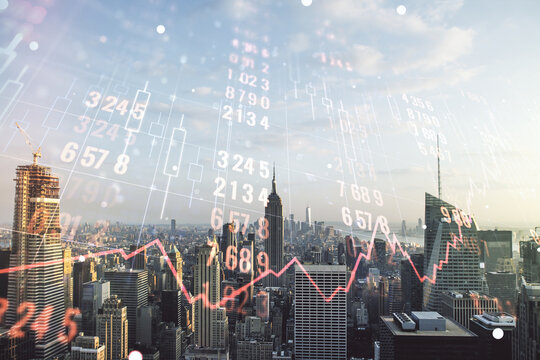 Multi exposure of stats data illustration on New York city skyline background, computing and analytics concept