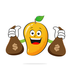 The mango character smiles carrying bags of money on a white background - vector