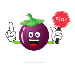 The mangosteen character smiles carrying a stop sign on a white background -vector