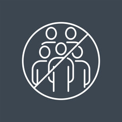 Avoid crowded places related vector thin line icon. Group of people in prohibition sign. Isolated on black background. Editable stroke. Vector illustration.