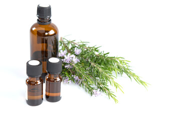 Bottle of rosemary essential oil with fresh rosemary twigs on white background