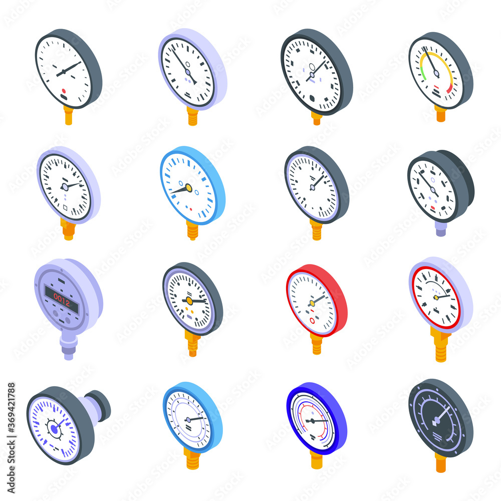Poster manometer icons set. isometric set of manometer vector icons for web design isolated on white backgr