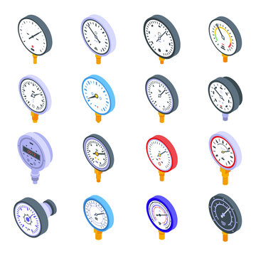 Manometer icons set. Isometric set of manometer vector icons for web design isolated on white background