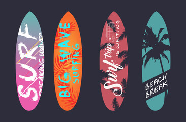 vector graphic design. slogans prepared for summer time on surf board