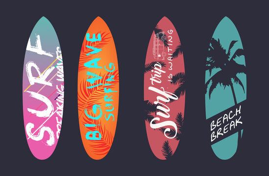 vector graphic design. slogans prepared for summer time on surf board