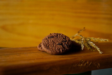 chocolate cookies and dark chocolate grain on wooden board background. for text concept advertising