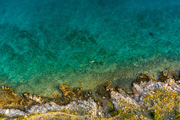 Aerial view of a naked girl swimming in sea