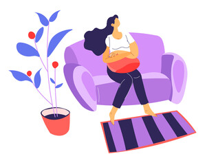 Female character sitting on sofa with pillow at home