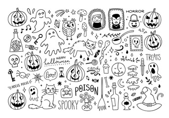 Halloween doodle set. Cute Halloween vector collection. Hand drawn illustration for All Saints' Day: pumpkin, ghost, magic objects, cat, witch hat