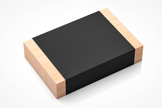 wooden Gift Box Mockup with black paper cover isolated on white