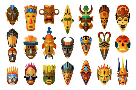 African mask. Vector African facial masque. Masking ethnic culture in Africa illustration. Tribal African mask set isolated on white background. Traditional ritual or ceremonial masked muzzle totem