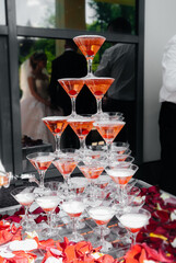 Festive glasses on the festive table during the Banquet. Alcoholic beverage