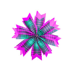 Purple green fabric colorful gift bow top view isolated on white background ,  clipping path