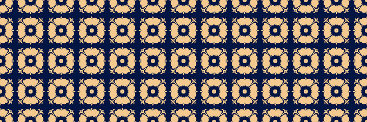 Floral seamless pattern. Golden design on long dark blue background