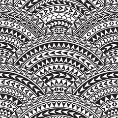 Seamless pattern with geometrical wavy fish scale layout. Maori geometrical ornaments, black and white stripes. Wallpaper, wrapping, chintz print, Batik paint. 21 pattern brushes in the brush palette