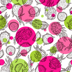 Cotton fabric Dragon fruit seamless pattern with doodle and abstract, geometric circle and round elements. Vector sketch hand drawn background. Freehand style bright backdrop