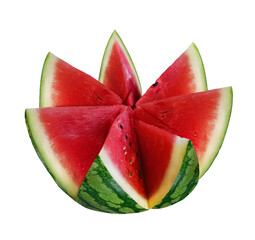 There is a watermelon, carved in the shape of a flower. White background. Isolated.