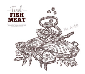 Salmon fillet or steak with herbs and vegetables for grill and bbq. Fish meat and finger food. Restaurant seafood dish. Vector drawing engraved etching sketch illustration