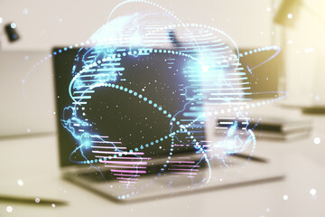 Abstract graphic digital world map with connections on modern computer background, globalization...