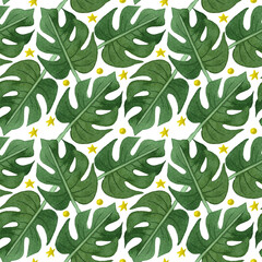 Watercolor tropical seamless pattern. Summer holidays pattern. Adventure, tropical travel background. Monstera leaves