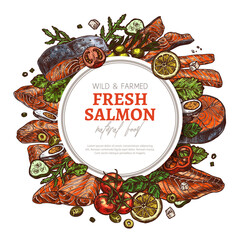 Steak and slices of salmon red meat for cooking grill and bbq background. Fish and seafood sketch vector illustration. Circle color banner or label