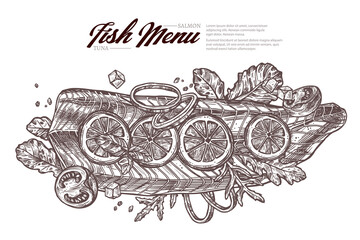 Top view raw salmon fillet or steak. Fish meat for grill and barbecue with greenery and lemon. Restaurant seafood dish. Vector drawing engraved sketch. Food etching illustration