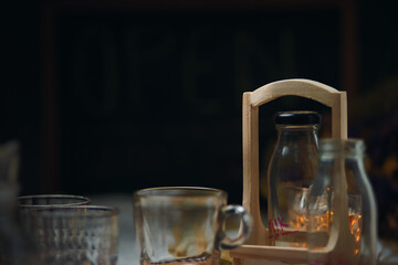 Group of glass and buttle in a retro cafe