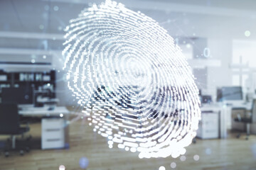 Double exposure of virtual creative fingerprint hologram on modern corporate office background, research and development concept