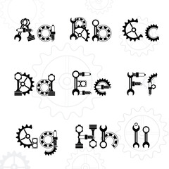 Mechanical vector black font. Vintage alphabet.