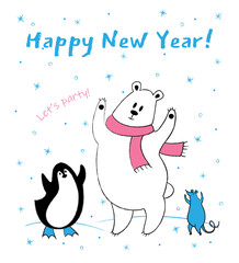 New year greeting card with cute dancing polar bear, penguin and mouse. Vector illustration.