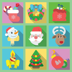 Colored holiday icons on a multicolored background for the new year and christmas.