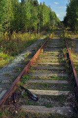 Rusty rails of an abandoned Komarikhinskaya-UralNeft railway line in the village of...