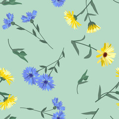 Seamless vector illustration with gerberas and cornflowers