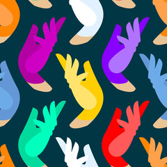 Fototapeta premium Vector flat colorful hands for backgrounds, clothes, accessories. Seamless pattern with colored gloves on elegant hand on dark background.
