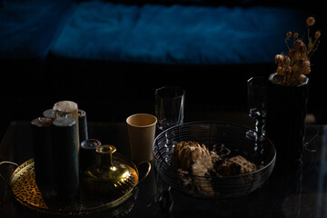 still life with a glass of wine and a candle