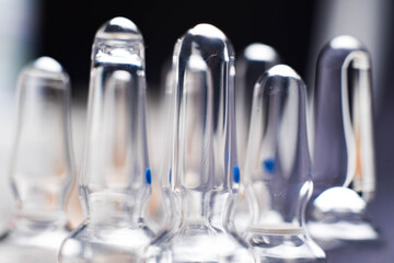 the medical ampoules with liquid. Macro photo, view side and close up