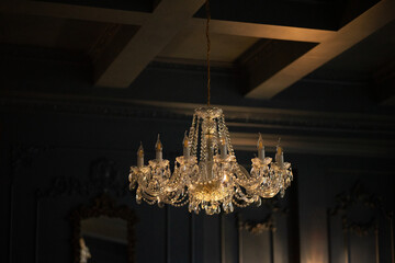 chandelier in the temple. large antique crystal chandelier under the ceiling