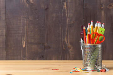 Pencils and school supplies in pencil case