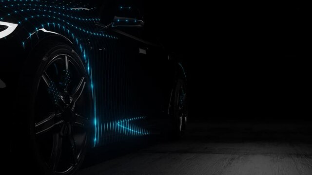3D Model Detailed Silhouette of Autonomous Car Driving. Blue Supercar Made of Blue Lines. Racing into the Light
