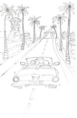 a car on the road to the beach sunset