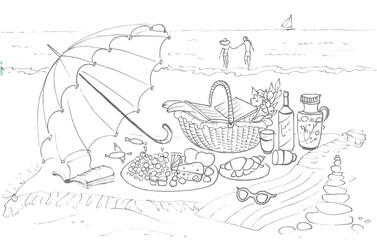 picnic basket umbrella on the beach