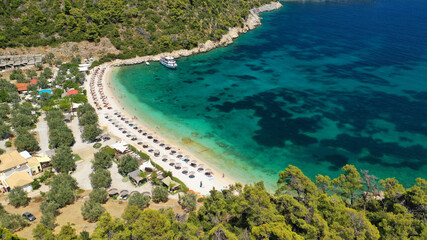 Aerial drone photo of exotic paradise sandy bay and beach of Leftos Gialos in island of Alonissos, Sporades, Greece